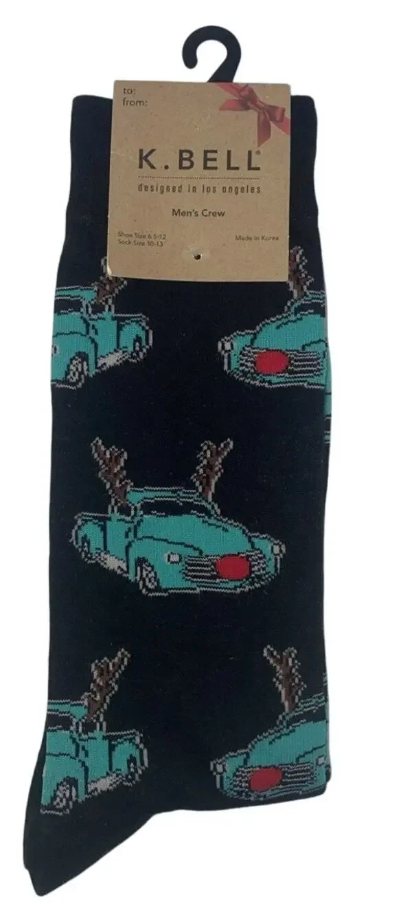 K Bell Mens Crew Socks Black Sz 10-13 Truck Rudolph Print New Shoes Sz 6.5-12